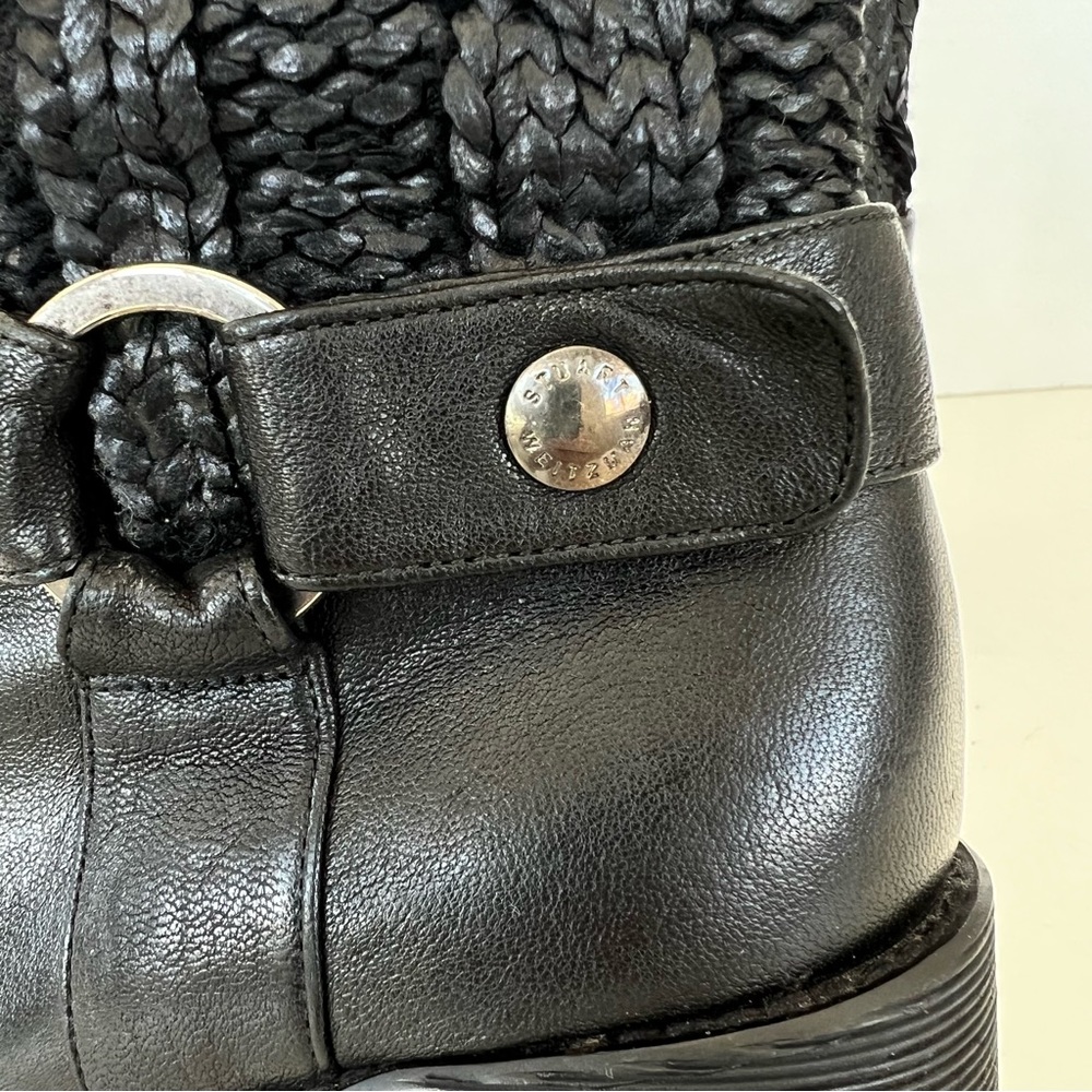 ♦️SOLD♦️STUART WEITZMAN Charcoal Black Leather Coated Knit Moto Mid Calf Boots - Picture 5 of 15